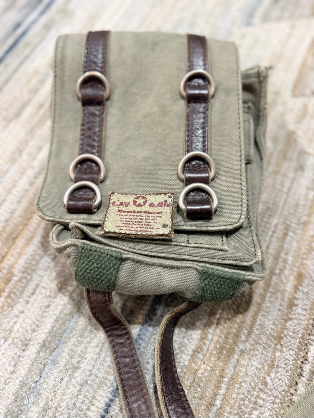 Olive Green Canvas Messenger Bag with Brown Leather Accents